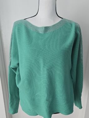 Vila Milano Teal Off-the-Shoulder Sweater with Rhinestone Trim L